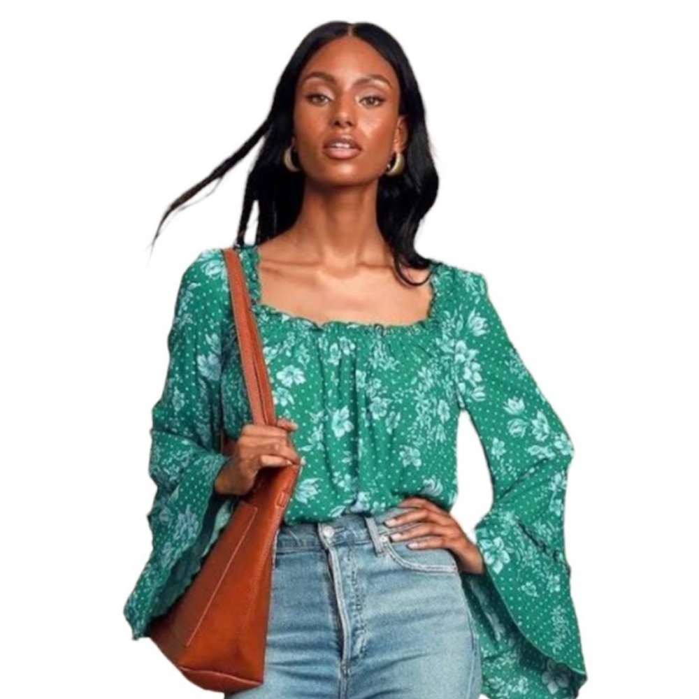 FREE PEOPLE WOMEN date night GREEN FLORAL BELL SLEEVE BODYSUIT ONE PIECE TOP xs